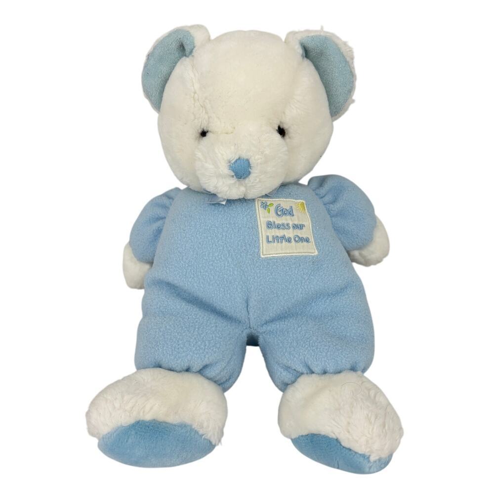 Russ Baby Bear Plush Rattle God Bless Our Little One Blue White Teddy 14 Inch